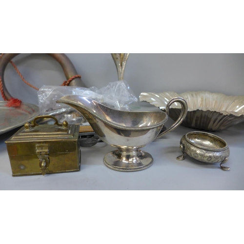 740 - A WMF plated tray, metalwares, a military bugle, etc.