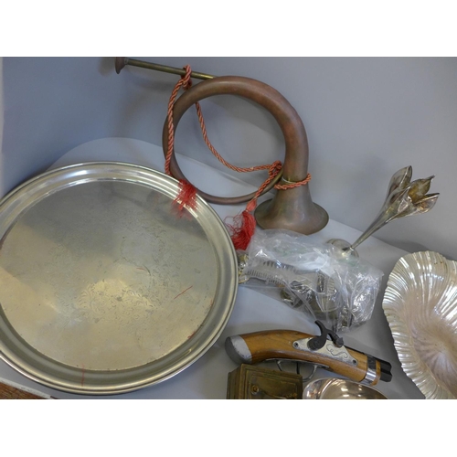 740 - A WMF plated tray, metalwares, a military bugle, etc.