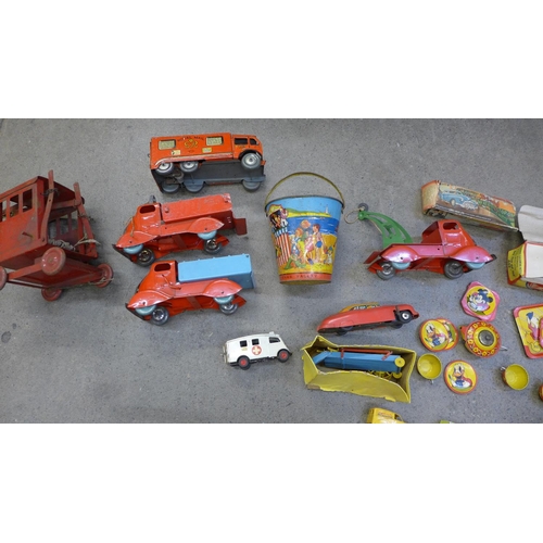 742 - A collection of tin plate model vehicles and other items including a Mettoy Royal Mail van, two Chad... 