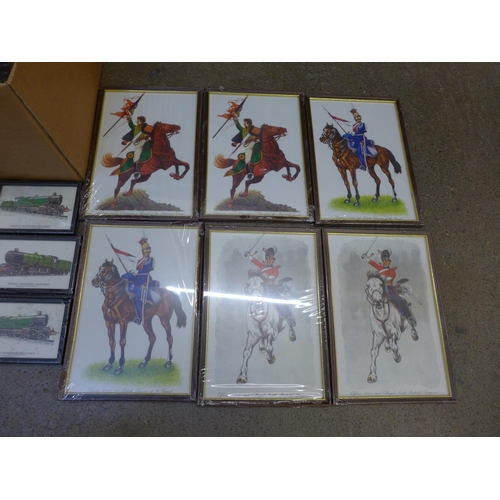 750 - Twenty-two framed, sealed and unused prints of military figures and locomotives