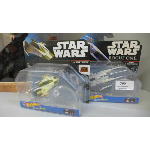 760 - Two Star Wars Starship Hot Wheels vehicles, and a Star Wars Episode 1 Queen Amidala figure, boxed