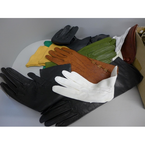 798 - A collection of vintage leather gloves and scarves