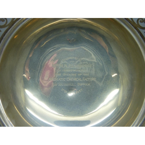 872 - A pierced silver dish with commemorative engraving, 'Presented to Mr M.A. Rushbrook to commemorate t... 