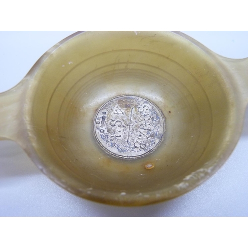 887 - A horn bowl with hallmarked Scottish silver inlay and set with two yellow stones, one loose, 14cm wi... 