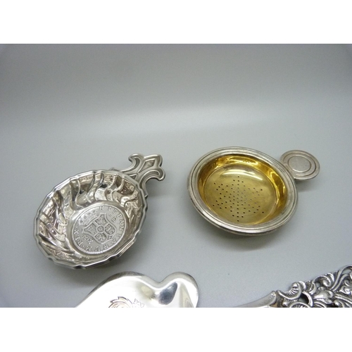 918 - A Spanish silver dish, a strainer marked Christofle and a pastry server