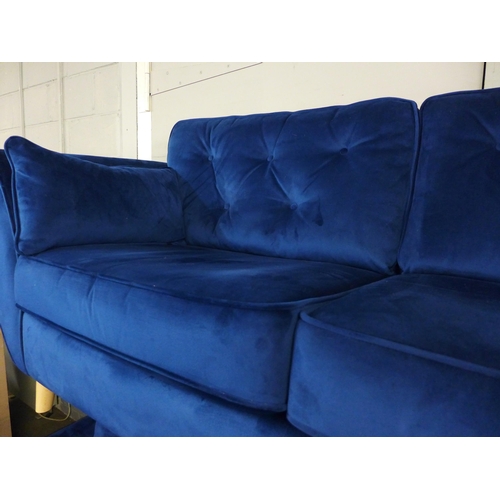 1489 - A Hoxton blue velvet three seater, two seater and armchair