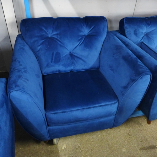 1489 - A Hoxton blue velvet three seater, two seater and armchair