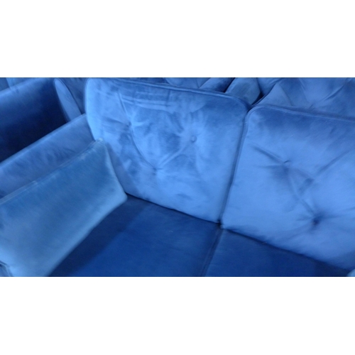 1490 - A Hoxton blue velvet two seater sofa and footstool