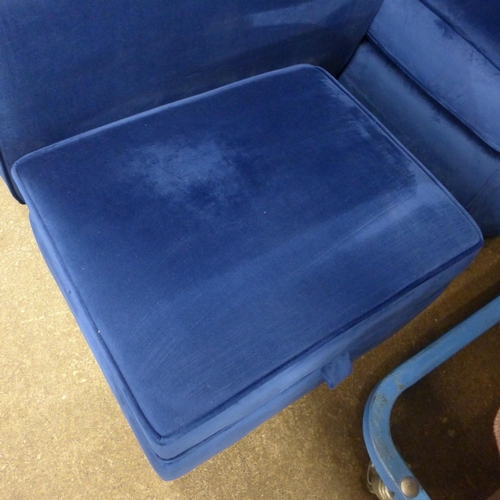 1490 - A Hoxton blue velvet two seater sofa and footstool