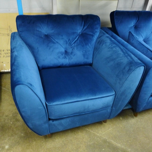 1491 - A Hoxton blue velvet three seater, two seater and armchair