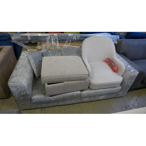 1555 - A silver upholstered three seater sofa, mink upholstered two seater sofa, footstool and chair - dama... 