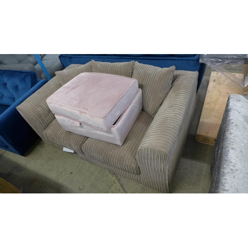 1555 - A silver upholstered three seater sofa, mink upholstered two seater sofa, footstool and chair - dama... 