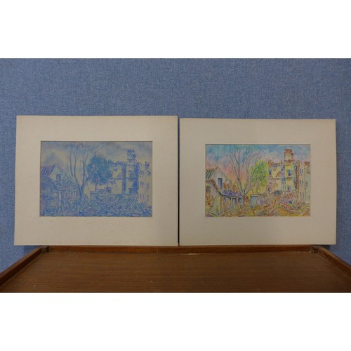 251 - D.G. Burton, two WWII watercolours, studies of bomb damage at Woolwich, 1944, both signed verso, nin... 