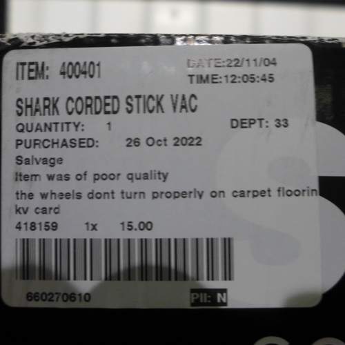 3016 - Shark Corded Stick Vac - HZ400UKT, Original RRP £149.99 +vat       (279-374)   * This lot is subject... 