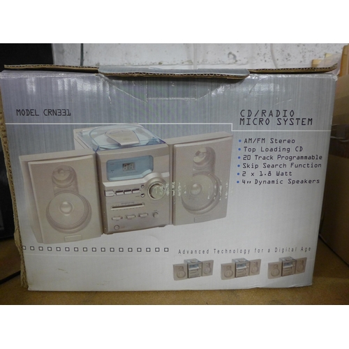 2187 - Electrical job lot: boxed Crown CD-radio microsystem; designer electrical fire and Alba 19