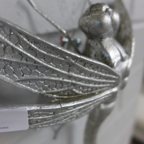 1451 - A silver coloured dragonfly wall figure, H 19cms # - repaired