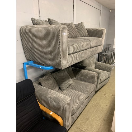 1607 - An ash jumbo cord three seater, two seater and 1.5 seater sofas