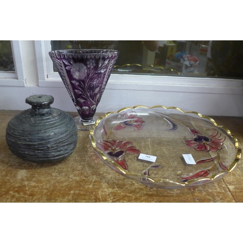 1299 - A large glass dish, amethyst glass vase and a studio pottery vase