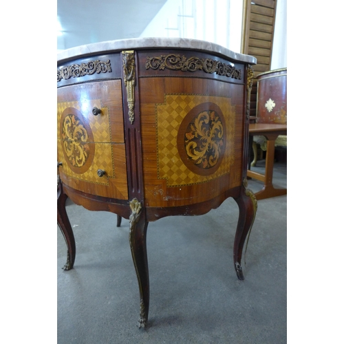 132 - A French Louis XV style marquetry inlaid rosewood, gilt metal and marble topped demi lune petit comm... 