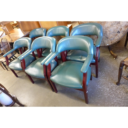 179 - A set of six beech and leather library chairs