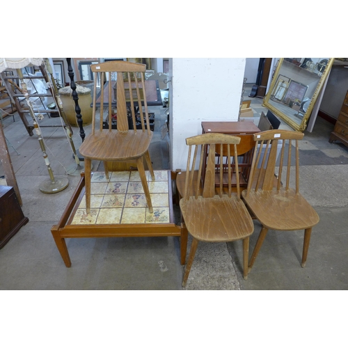 274 - Three beech kitchen chairs, a teak and tiled top coffee table and two others