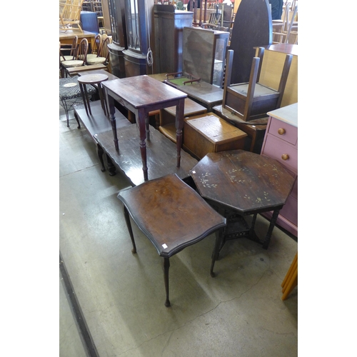 284 - A pair of mahogany freestanding corner cabinets, coffee tables, sewing tables, etc.