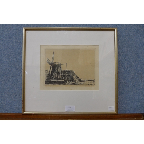 319 - After Rembrandt van Rijn, Windmill, dated 1641, etching, framed