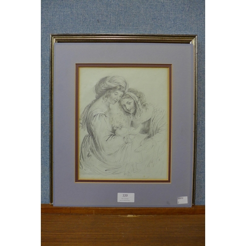 320 - English School (19th Century), pencil sketch of two ladies with a young child, unsigned, framed