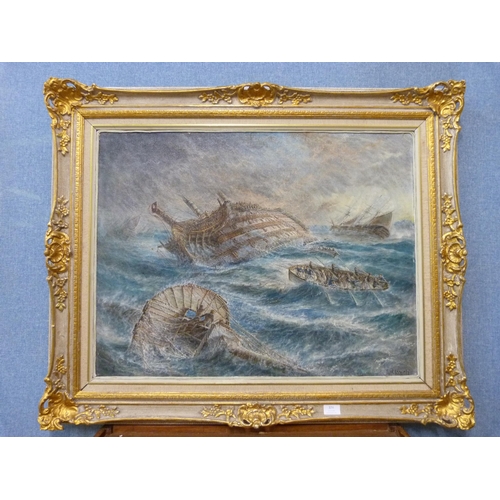 324 - James William Blanch, Shipwrecked in Storm, oil on board, framed