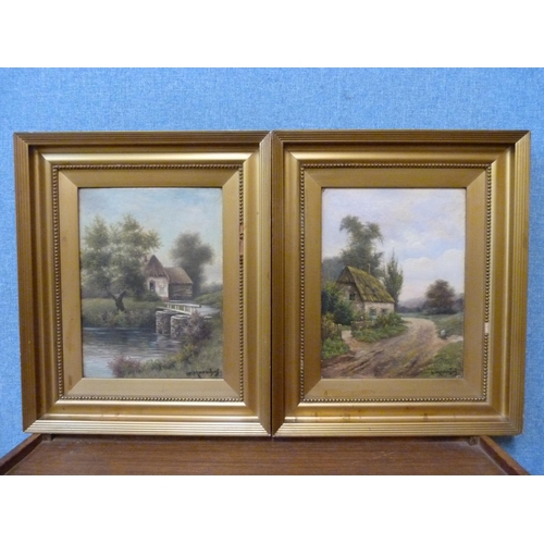 338 - English School, pair of rural landscapes, oil on board, indistinctly signed, framed