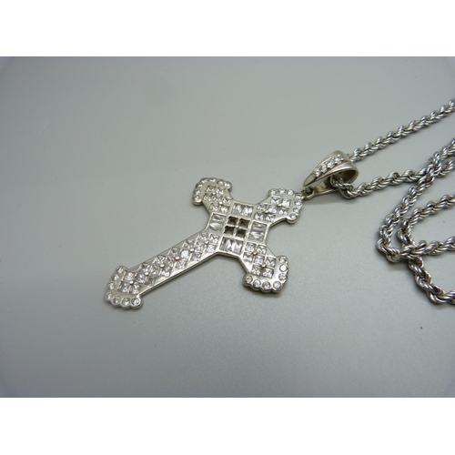 1020 - A silver and cubic zirconia cross pendant and chain, 44g