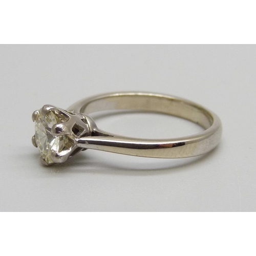 1064 - An 18ct white gold and diamond solitaire ring, 3.4g, L, approximately 1carat diamond weight