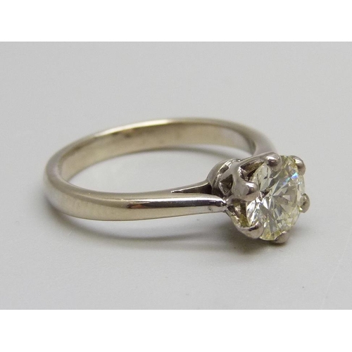 1064 - An 18ct white gold and diamond solitaire ring, 3.4g, L, approximately 1carat diamond weight