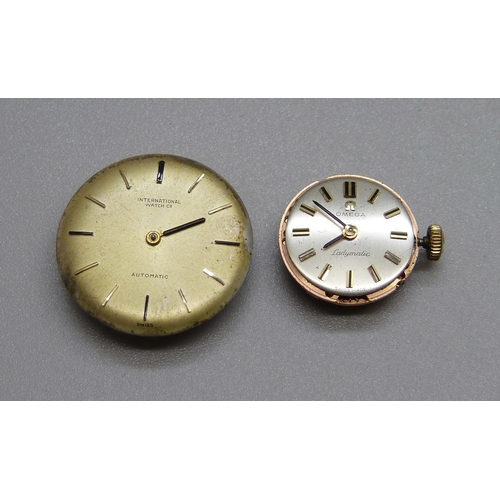 1074 - Two automatic wristwatch movements IWC and Omega, (lady's watches)