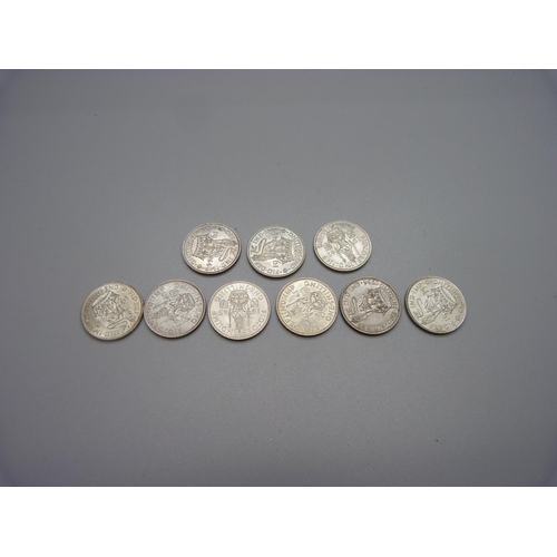 1076 - Nine one shilling coins, (extra fine, possibly uncirculated) 1936, 1939, 1940, 1941, 1942, 1943, 194... 