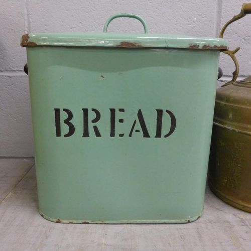 1125 - An enamel bread bin, a kettle and a wine bucket **PLEASE NOTE THIS LOT IS NOT ELIGIBLE FOR POSTING A... 