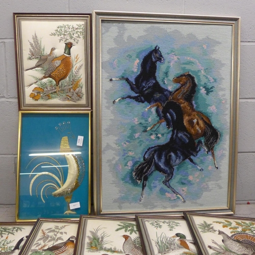 1126 - A set of quilted bird pictures, framed, a bird beaded picture and a tapestry depicting horses **PLEA... 