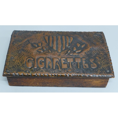 613 - A copper topped wooden Arts & Crafts cigarette box