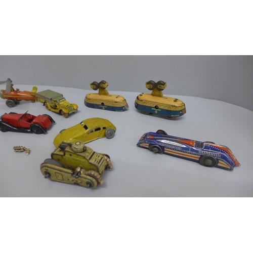 616 - Eight tin-plate model vehicles including clockwork and a Dinky Toys classic car