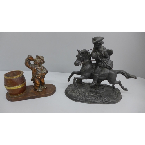 620 - A spelter figure of a rider on horseback, a Victorian pub bar match holder