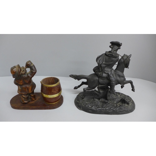 620 - A spelter figure of a rider on horseback, a Victorian pub bar match holder