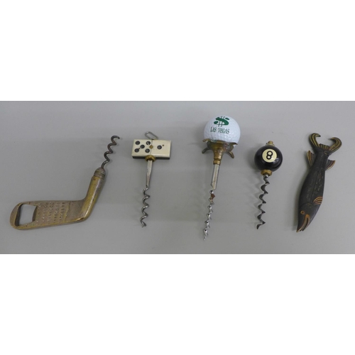 625 - Five sports related vintage corkscrews