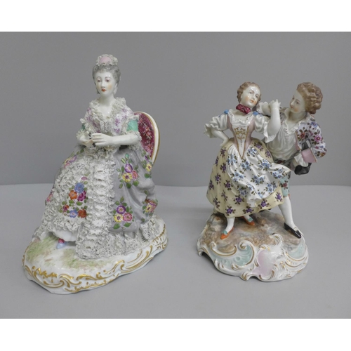 633 - A continental figure of a courting couple, circa 1860 and a German porcelain figure of a seated lady... 