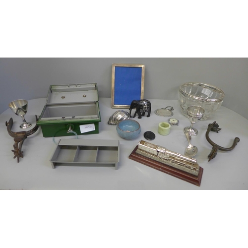 649 - Assorted items, plated ware, cash box, plated locomotive and tender, two spurs, etc.