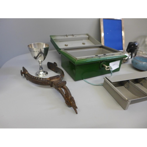 649 - Assorted items, plated ware, cash box, plated locomotive and tender, two spurs, etc.