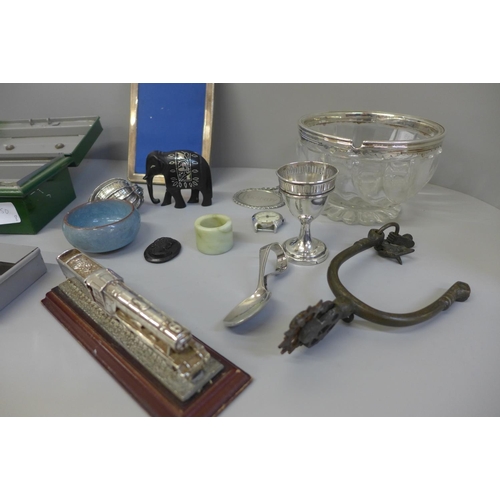 649 - Assorted items, plated ware, cash box, plated locomotive and tender, two spurs, etc.