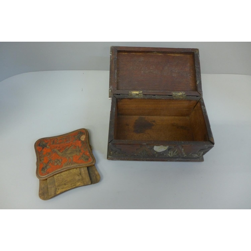 653 - A carved wooden box with white metal corner trims and a 19th Century sliding box