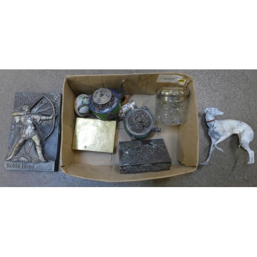 744 - Chinese scent bottles, a jewellery box, cigarette box, a metal model greyhound, oriental and other i... 