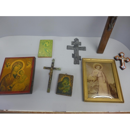 763 - A collection of religious icons, including 19th Century crucifix, Russian icons and a crystoleum of ... 