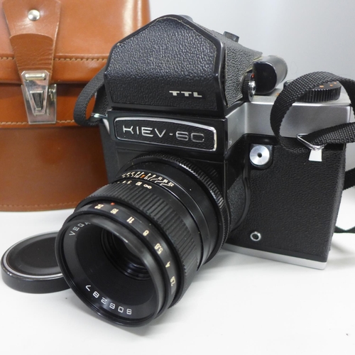 786 - A Kiev medium format camera, cased, with two filters, lens cap and shutter releases